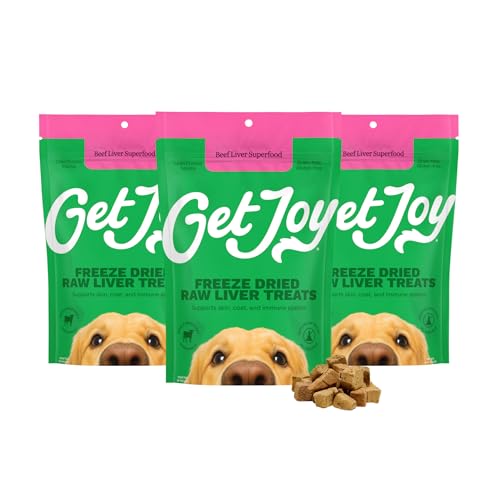 Get Joy Freeze Dried Superfood 100% Beef Liver Dog Treats, 4 Ounce Bag (Pack of 3), Single Ingredient Organ Meat, High Protein, Vision, Skin & Coat Health, Grain Free, Gluten Free, Made in USA