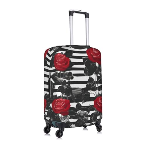 Black White Stripes Red Rose Flowers Tsa Approved Luggage Cover For 18-32 Inch Suitcases Scratch-Resistant Stretch Luggage Cover3