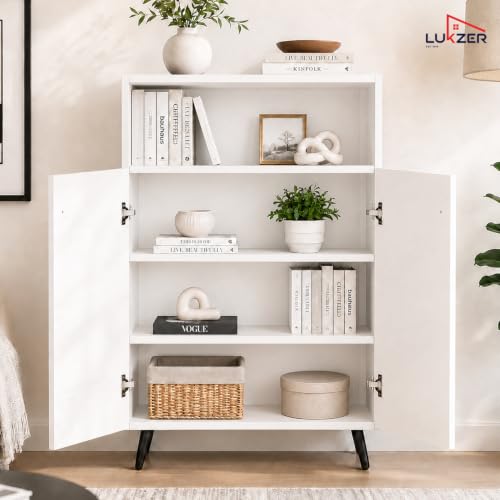 Image of Lukzer Wooden Book Shelf & Storage Cabinet with White Doors (MR-034 /White) Engineered Wood Bookshelf for Home, Bedroom, Office & Kitchen, Multipurpose Books Organizer & Display Rack (90x30x60 cm)
