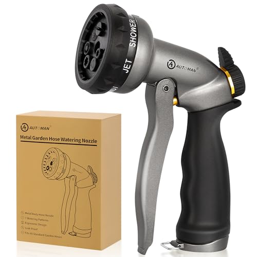 Image of AUTOMAN Garden Hose Nozzle - 7 Patterns Sprayer, 100% Metal High Pressure Spray Nozzle, Labor-Saving Design, Heavy Duty Water Hose Nozzle for Garden Watering, Car Washing, Window Cleaning,Pets Bathing