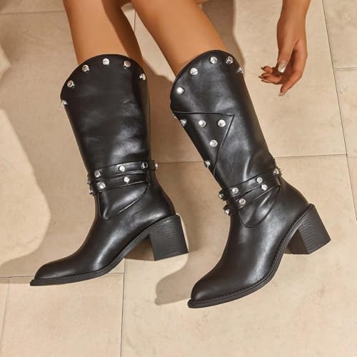Bottes longues décontractées à talon épais stable et bout pointu
