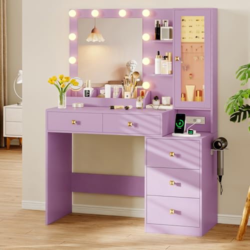 Image of Xixini Vanity Desk with Mirror and Lights, Makeup Vanity Table Set with 5 Storage Drawers, Power Outlet, Small Dressing Table with RGB Ambient Light, Adjustable Brightness for Girls Bedroom, Purple