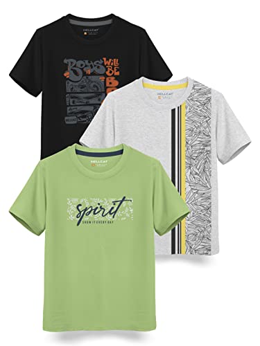 Image of HELLCAT Boys Round Neck Printed Blended Cotton Tshirt -Combo Pack of 2 - Orange /Blue