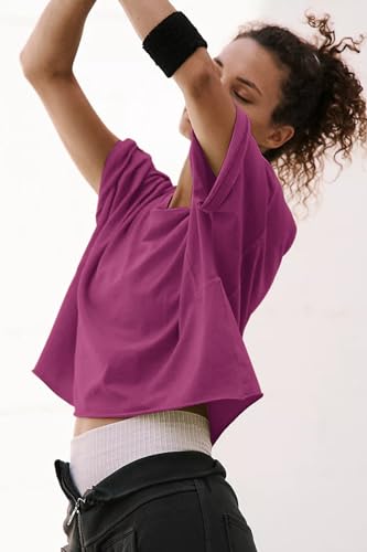 Image of HUGOOME Womens Oversized Workout Crop Top Casual Short Sleeve Boxy Roll Hem