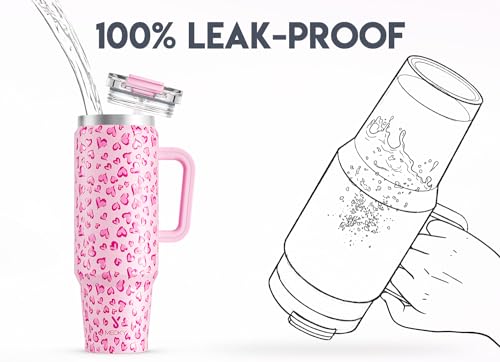 Image of Meoky 40 oz Tumbler with Handle and Straw, Insulated Tumbler with Lid and Straw, Stainless Steel Travel Mug, Keeps Cold for 34 Hours, 100% Leak Proof, Fits in Car Cup Holder (Love)