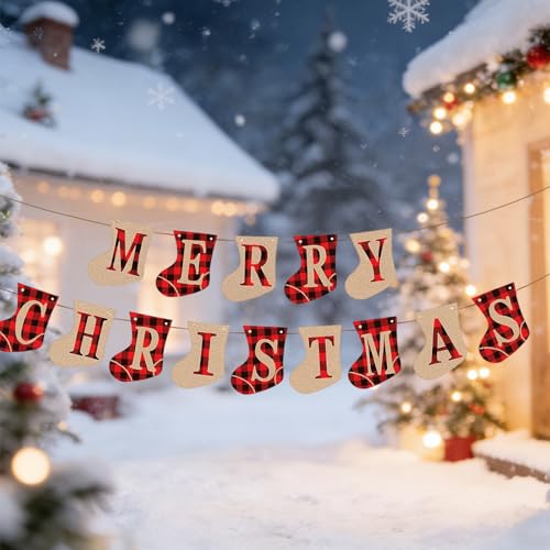 WaaRiuQ 1 Set Indoor Christmas Decorations, Christmas Sock Bunting with Merry Christmas Banner, 3m Hanging Decorations for Tree, Wall and Stair Rail, Christmas Party Decor