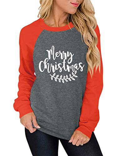 ANTSZONE Merry Christmas Letter Print Raglan Shirts for Women - Casual Long Sleeve Crewneck Holiday Pullover Sweatshirt Tops (1# Burnt Orange & Charcoal Heather, L) 313-SD010A-xiuhongshenhui-L