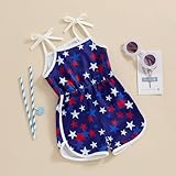 BeQeuewll Toddler girl 4th of July Outfit Tie-up Spaghetti Straps Stars USA Romper 12M 18M 2T 3T 4T Girls 4th of July Outfits (Blue, 12-18 Months)