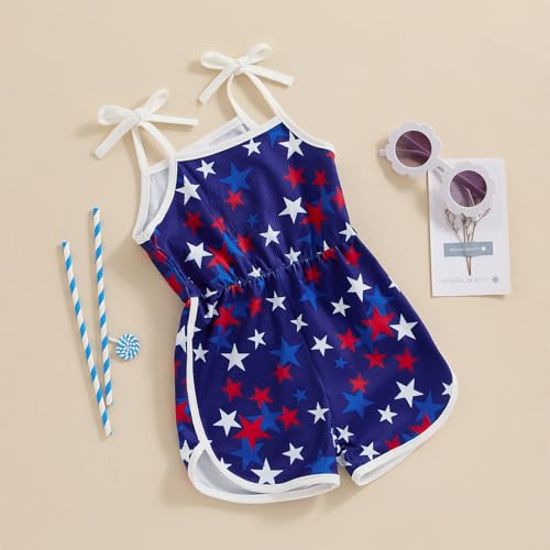 BeQeuewll Toddler girl 4th of July Outfit Tie-up Spaghetti Straps Stars USA Romper 12M 18M 2T 3T 4T Girls 4th of July Outfits (Blue, 12-18 Months)