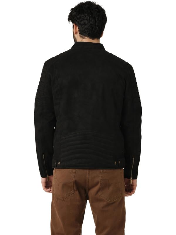 Image of Leather Retail Men's Black Suede Biker Jacket | Faux Suede | Black | Stand Collar | Zip Closure | Regular Fit