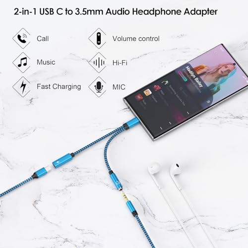 Pixel 8 USB C to 3.5mm Headphone Charger Adapter for Google Pixel 9 Pro XL 8a 7,Samsung Galaxy S24Ultra S23FE A15 A54 Z Fold6 S22,iPhone16 15,2 in 1 Type C to Aux Audio Jack Fast Charging Dongle Cable