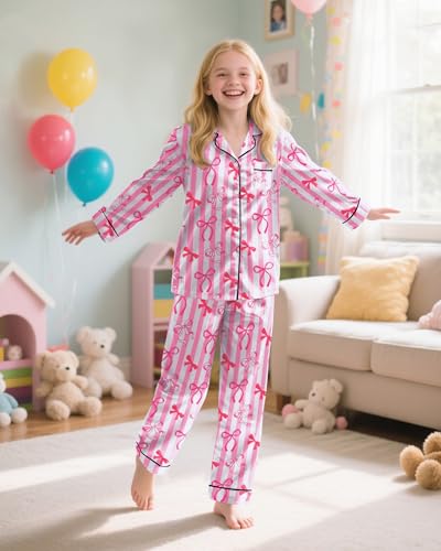 Nidoul Girls Pajamas Satin Pajama Set Silky Bow Pjs Long Sleeve Button Down Sleepwear Loungewear Sets for Big Kids 7-14Y3