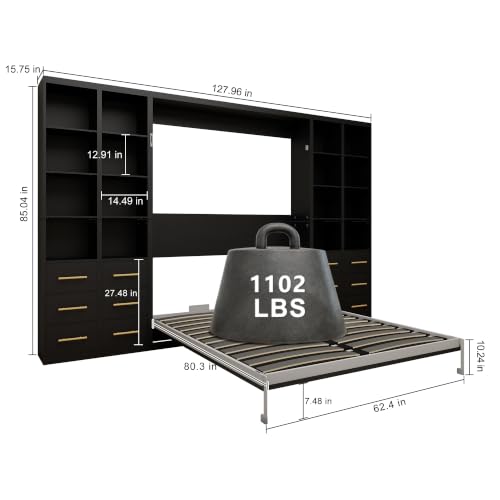 Image of KEIKI Queen Size Vertical Cabinet Murphy Bed with 4 Side Cabinet, Black | Multifunctional Foldable Hideaway Wall Metal Bed Frame, No Box Spring Needed, Easy Assembly, for Bedroom, Guest room