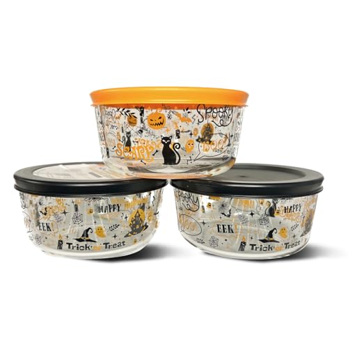 DURA LIVING Halloween Glass Food Storage Containers with Lids | Set of 6 (3 Containers + 3 Lids) 2-Cup | Spooky Design BPA-Free Microwave & Dishwasher Safe|Perfect for Meal Prep Snacks & Leftovers