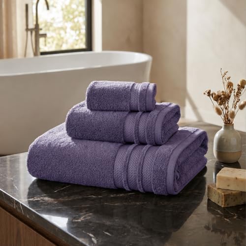 Image of MYTRIDENT Finesse 3 Piece Towel Set (1 Pc Bath Towel, 1 Pc Hand Towel, 1 Pc Face Towel), 625 GSM, Zero-Twist, Luxuriously Soft, 100% Cotton, Purple