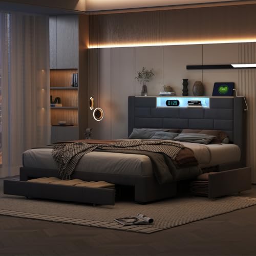 BRILVERDE Letto imbottito 160x200 con Contenitore, letto matrimoniale con USB e LED, con 4 cassetti, letto funzionale con testiera, struttura letto con rete a doghe, velluto (Grigio, 160 x 200 cm)