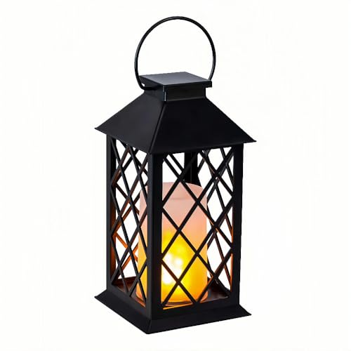 Simplelight 11 Inch Decorative Lanterns-IP44 Waterproof Outdoor Hanging Lantern, Battery Operated Decorative Lantern for Patio, Table, Fireplace with Timer, Black Color (1)