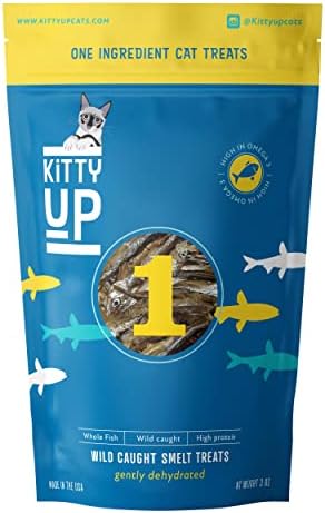 Kitty Up 1 Ingredient Wild Caught Smelt Treat - Gently Dehydrated Fish Cat Treats - High in Omega 3, Protein, Grain Free, Low Fat, Low Calorie - All Natural Cat Treats Made in The USA - 3 oz Bag