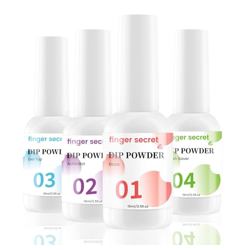 Secret Dip Powder Liquid Set 4 Pcs 15ml/0.5fl.oz, Gel Top & Base Coat, Activator, Brush Saver, DIY Manicure, No Nail Lamp Needed