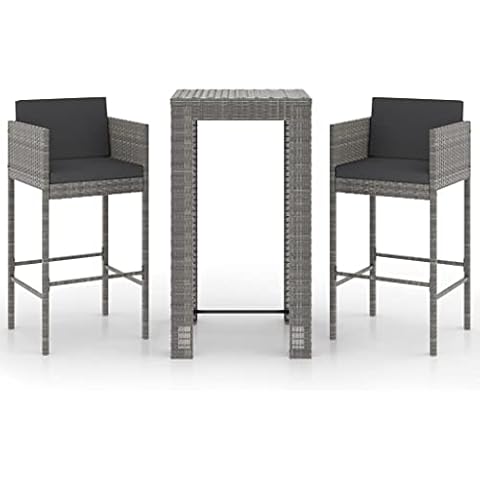 vidaXL Gartenbar Set 3-TLG. mit Kissen Theke Bar Tresen Gartentheke Bartisch Stehtisch Barhocker Barstuhl Gartenmöbel Poly Rattan Grau Cover