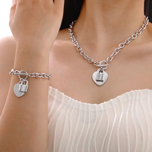 VNOX Personalized Initial Name Stainless Steel Trendy Cable Chain Bracelet Neckalce Set with Padlock Heart Charm and Toggle Clasp Closure2