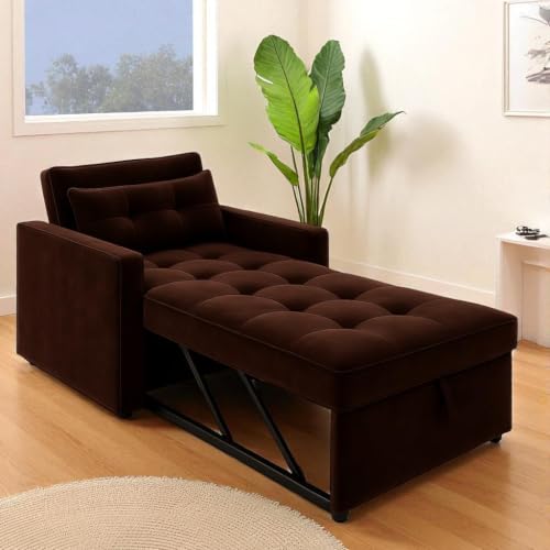 Image of FURNY Tressa 1 Seater Fabric Pull-Out Sofa Cum Bed (Dark Brown) - Premium Velvet Finish - Durable Comfort - Ideal for Living Room, Bedroom