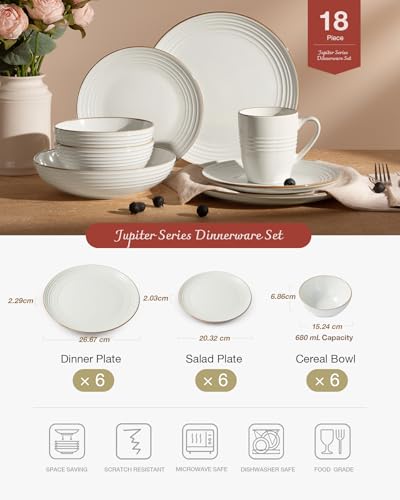 Jupiter Plates and Bowls Set, Reactive Glaze Dinner Sets for 6 People, 18 Pieces Stoneware with Gold Rim, Scratch Resistant Dinnerware Service for 6, Microwave & Dishwasher Safe, White - Image 4