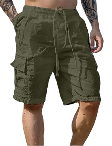 PADOLA Pantalones Cortos Linos Casuales para Hombre Shorts Verano Playa Suave con Bolsillos Pantalones Ligeros Transpirables(L,Verde)