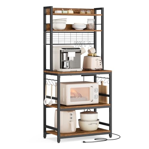 VASAGLE Bakers Rack with Power Outlet, Microwave Stand, Kitchen Tall Utility Storage Shelf, with Metal Wire Panel, 14 Hooks, 15.7 x 23.6 x 66.9 Inches, Rustic Brown and Ink Black UKKS037B01