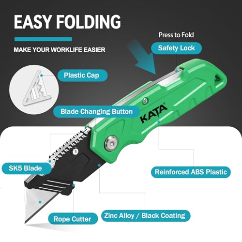KATA Folding Box Cutter Knives: 4-Pack Heavy Duty Utility Knife Pocket Box Cutter - Extra 20pcs Razor Blades Plastic Cardboard Opener Safey Knives - Gifts for Men Cutting Cartons, Leather, Rope