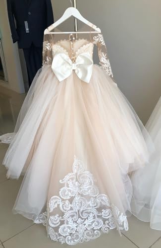 Long Sleeve Flower Girls Dress Lace Applique Long Pageant Ball Gown Kids Communion Princess Dress for Wedding4