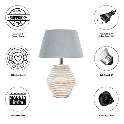 Image of PineCraft International Atury Table Lamp with Shade Night Lamp for Living Room, Study Room, Bedroom & Home Decor Gift Item 14 inch Height Wooden Study Lamp with Grey Shade