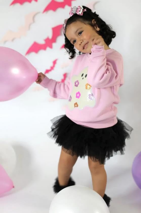 Fernvia Toddler Baby Girl Halloween Outfit Ghost Embroidery Long Sleeve Sweatshirt Tulle Skirt Set Fall Winter Clothes - Image 3