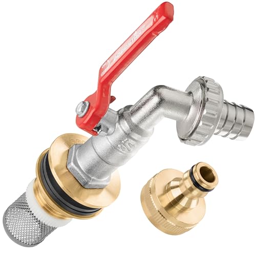 Poppstar Wasserhahn für Regentonne (3/4 Zoll Regentonnendurchführung mit Kugelauslaufhahn Messing Tülle Schnellkupplung Edelstahl-Saugkorb)