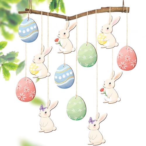 Lot de 12 œufs de Pâques en bois à suspendre - Décoration de Pâques moderne - Décoration de Pâques - Œufs de Pâques à suspendre à l'extérieur -...