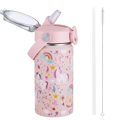 Autsel 420ml Botella De Agua Aislada Para Niños Con Pajita, Botella Agua Acero Inoxidable, Botella Termica Infantil Frías y Calientes Sin BPA