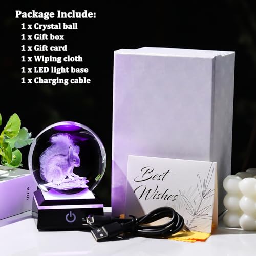 Image of Arikyrist 3D Squirrel Figurine Crystal Ball with Colorful Light Base, Laser Engraved Squirrel Gifts for Women Men on Christmas Birthday, Squirrel Ornament Glass Decorative Ball for Home Decor (80mm)
