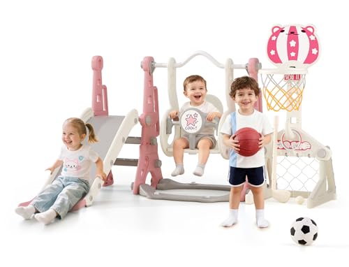BIERUM 6-in-1 Toddler Slide Swing Set for Kids 1-3, Indoor/Outdoor