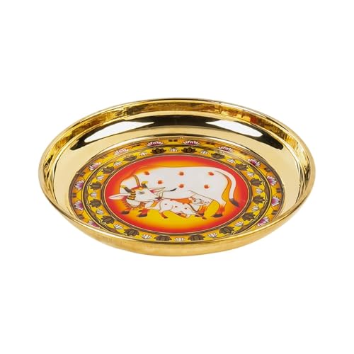 Image of Klassic 6 Inch Handcrafted Brass Thali /Aarti Plate | Cow Design, Beautifully Embossed Colorful Decorative Plate for Puja /Worship, Aarti, Karwa Chauth, Navratri, Diwali Gift | Medium(Pack of 4, Golden)