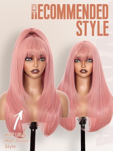 Perruque rose synthétique à frange pour changer de look facilement - 4