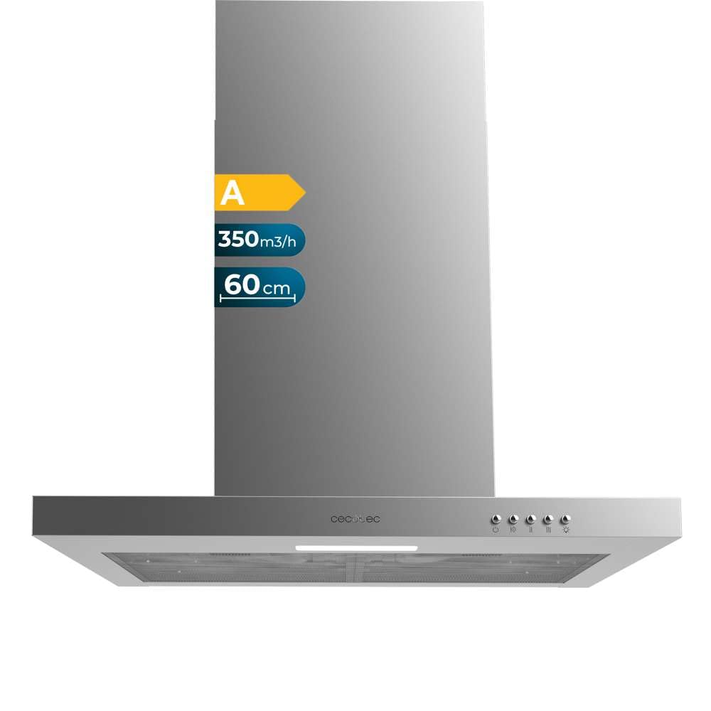 Cecotec Campana Extractora 60 cm Tipo T Bolero Flux TM 603500 Inox A. Potencia de Succión 350m3/h, Motor 70W, Control Mecánico, 3 Niveles de Potencia, Luz y Filtro de Carbono, Inox
