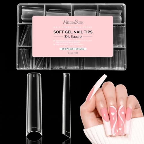 Image of MelodySusie Extra Long Square X Nail Tips 3XL- 600Pcs Clear Acrylic, Half Matte Full Cover Press on Nails for DIY Extension & Salon Use, 12 Sizes Pre-Shaped for Long-Lasting Manicure