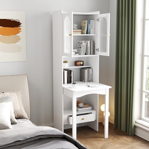 Image of Foldable Office Desk, Fold Out Convertible Hidden Murphy Computer Desk with Storage Shelves, Multi-Function Folding Writing Table for for Small Spaces, Home Office (White.)