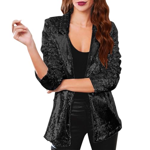 Blazer Brillante para Mujer, Chaqueta Brillante con Solapa y Purpurina, Ideal para Festivales. Blazer Ligero Negro, Talla pequeña.