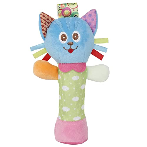 Image of Baby Desire Cat face Rattle Cum Soft Toy with Squeeze Handle for Squeaky Sound (Blue)