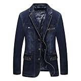 SWJGLITTR Men's 3 Button Lightweight Denim Suit Slim Fit Blazer Sport Cowboy Coat Lapel Washed Jean Suit Jacket (XX-Large,Dark Blue)