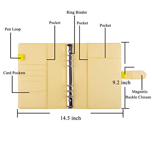 Image of Antner A5 Notebook Binder 6 Ring Refillable Budget Planner Cover for Cash Organizer, PU Leather Aesthetic Photocard Holder Loose Leaf Small Binder with Magnetic Buckle for A5 Planner Inserts, Yellow