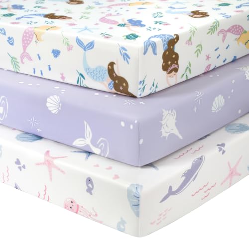Image of Baby Crib Sheets Girl, 3 Pack Toddler Bed Sheets Fitted for 52 inchx28 inch Standard Crib and Toddler Mattresses, Super Soft Microfiber Purple Mermaid