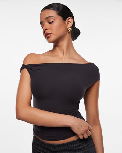 INLYRIC Women's Inbarely Soft Off The Shoulder Tops Versatile Going Out Trendy Shirts Y2K Spring Summer Outfits3