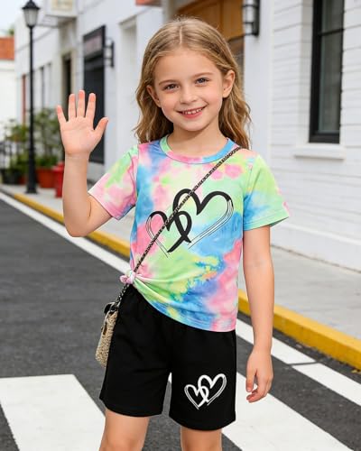 Image of Kids Girl Clothes Tie Dye Heart Print Short Sleeve Top and Shorts Toddler Girl Summer Outfits Short Set